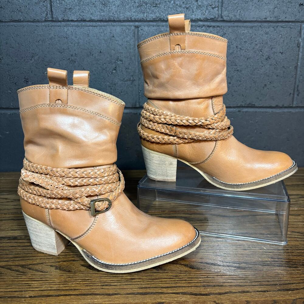 Dingo Braided Harness Western Ankle Boots Tan Leather Pull On Women’s 7.5 - Picture 1 of 8